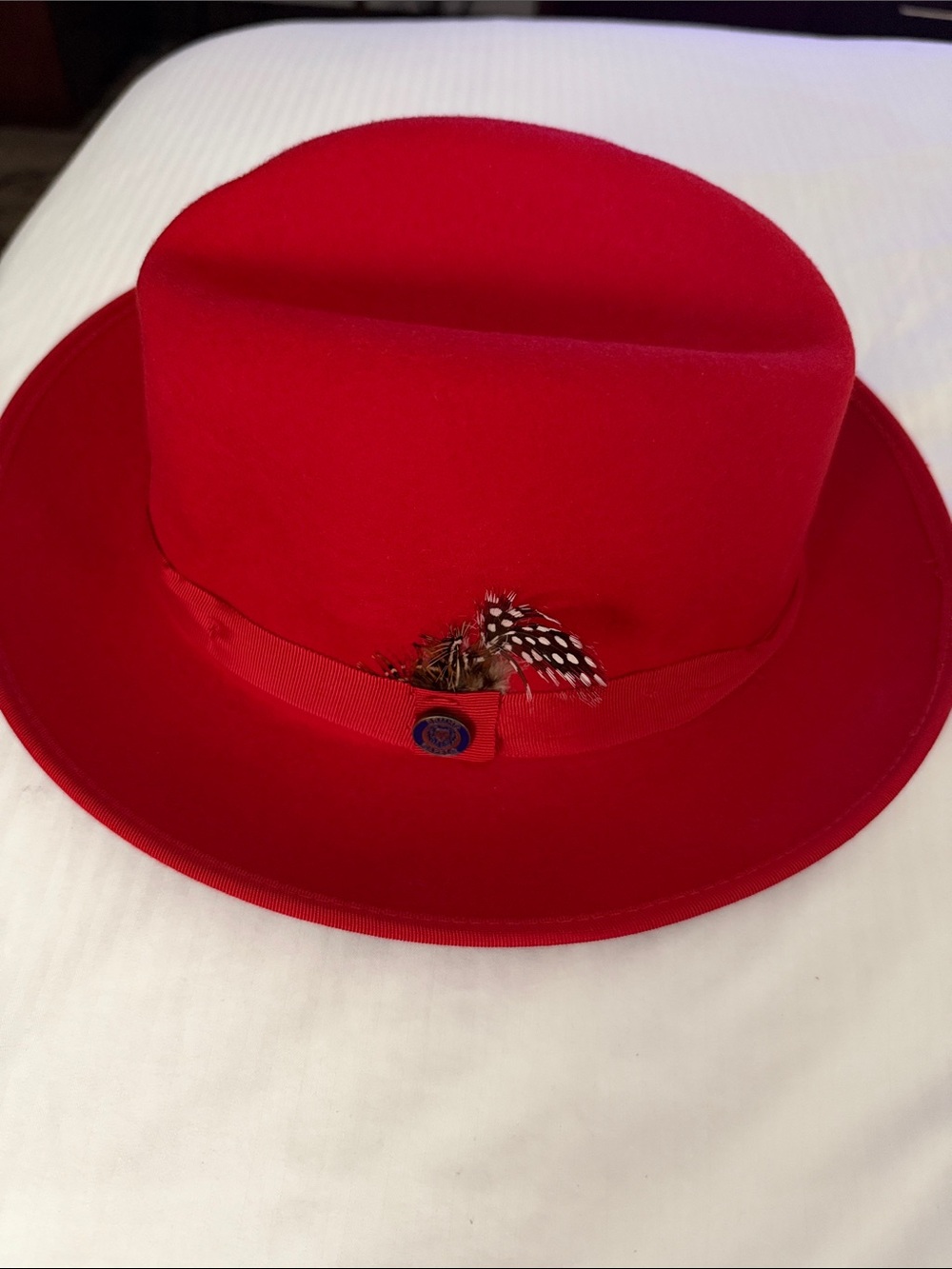 Men's Red Felt Fedora with Feather Trim